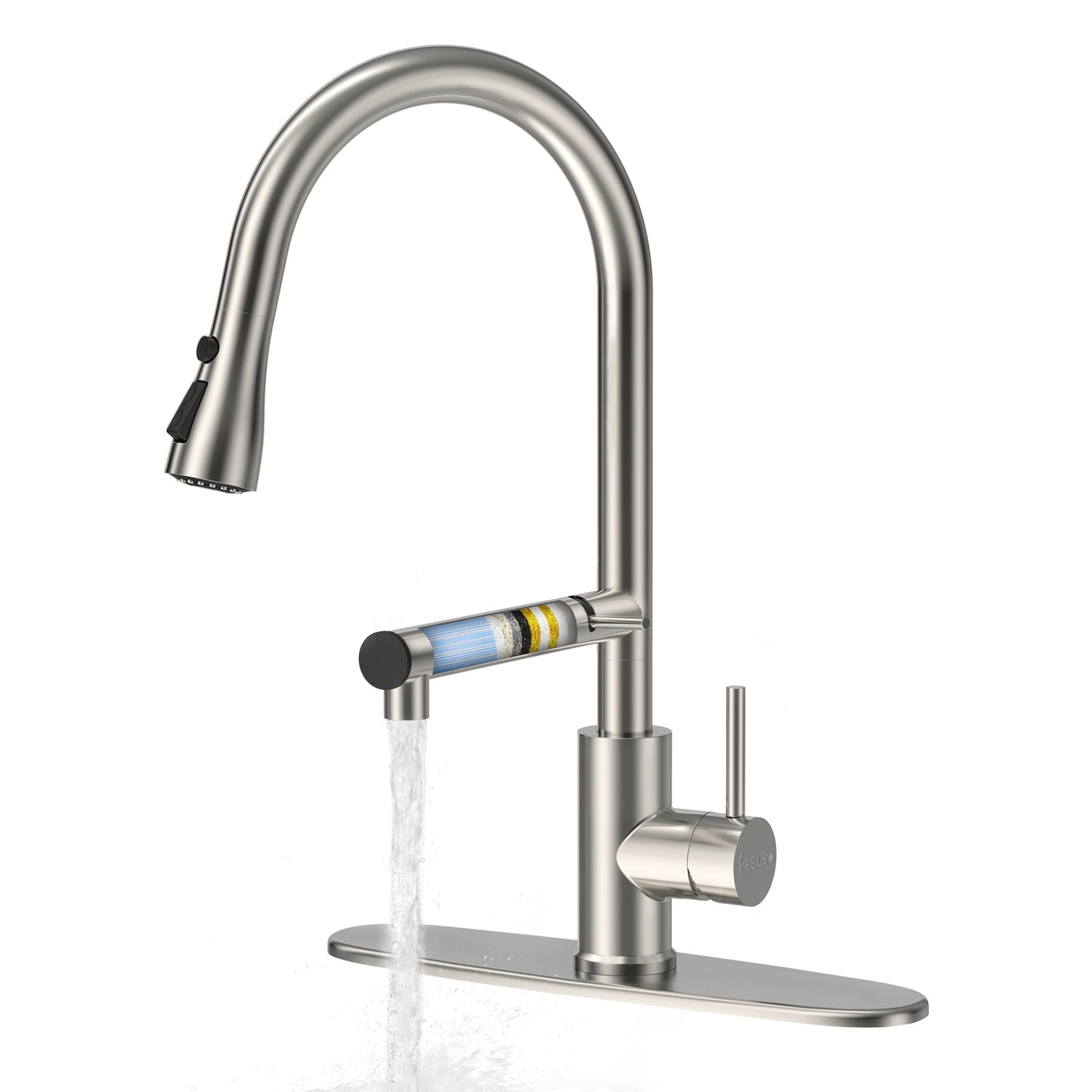 2024 Upgraded Filter Water Kitchen Faucet with Pull Down Sprayer, Brushed Nickel Stainless Steel High Arc 1 Or 3 Hole Kitchen Sink Faucet for Remove Chorine and Harmful Substances