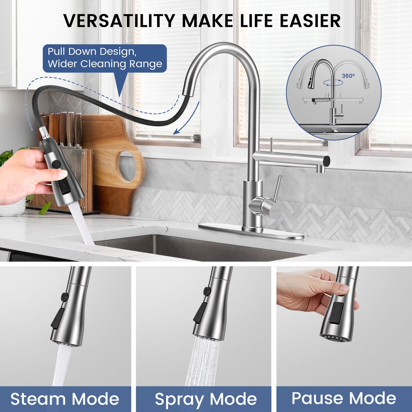 2024 Upgraded Filter Water Kitchen Faucet with Pull Down Sprayer, Brushed Nickel Stainless Steel High Arc 1 Or 3 Hole Kitchen Sink Faucet for Remove Chorine and Harmful Substances
