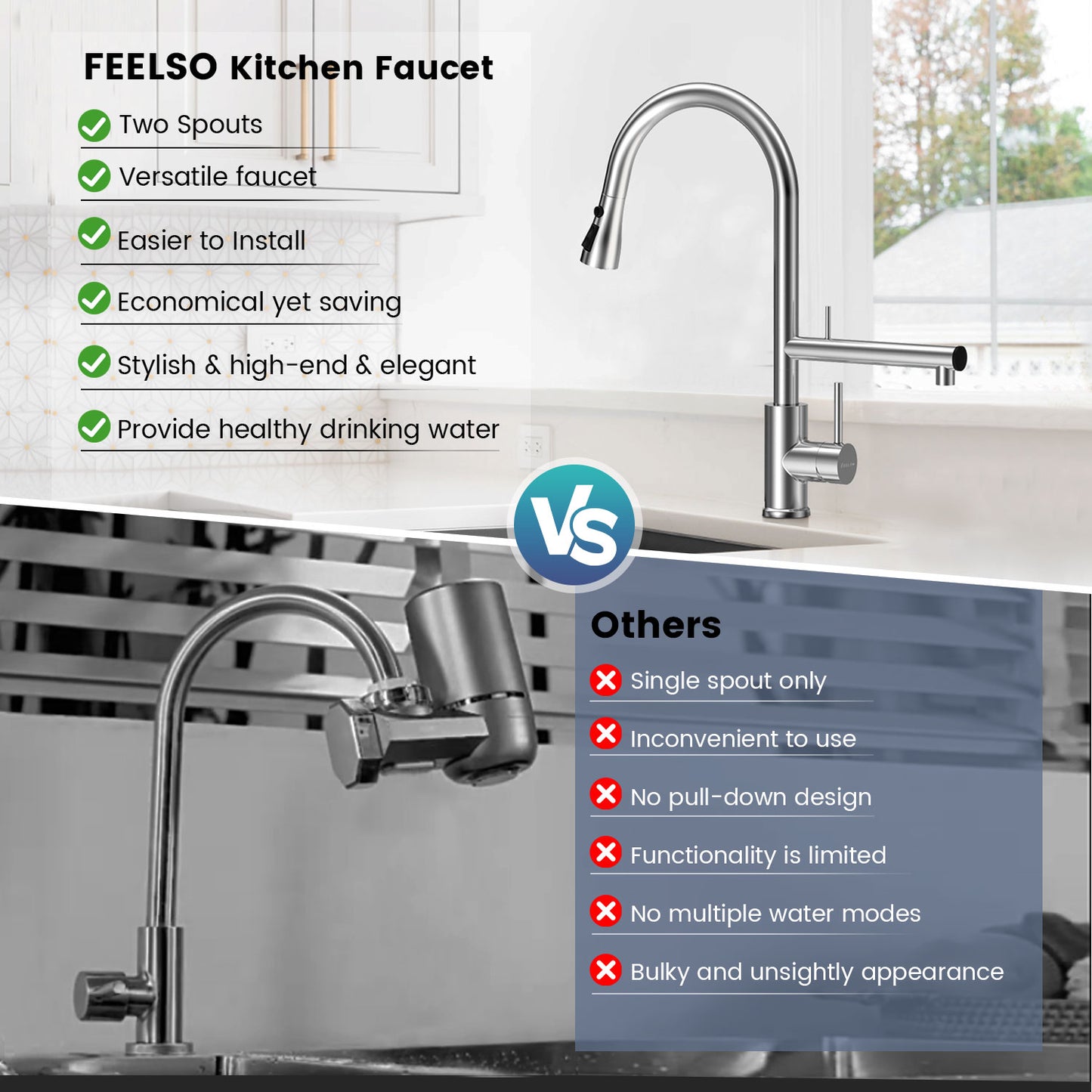 2024 Upgraded Filter Water Kitchen Faucet with Pull Down Sprayer, Brushed Nickel Stainless Steel High Arc 1 Or 3 Hole Kitchen Sink Faucet for Remove Chorine and Harmful Substances